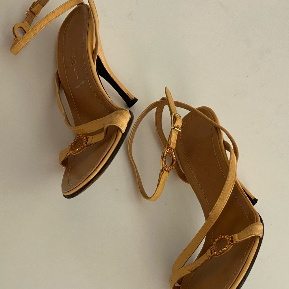 Vintage Casadai Yellow Gold Strappy Sandal with rhinestone ankle straps.
